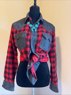 Vintage Red & Black Plaid Western Shirt with Denim Details